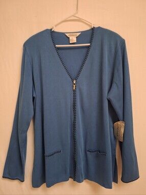 Misook Women’s Size L Blue Zip Front Knit Jacket Cardigan Lightweight Stretch Po